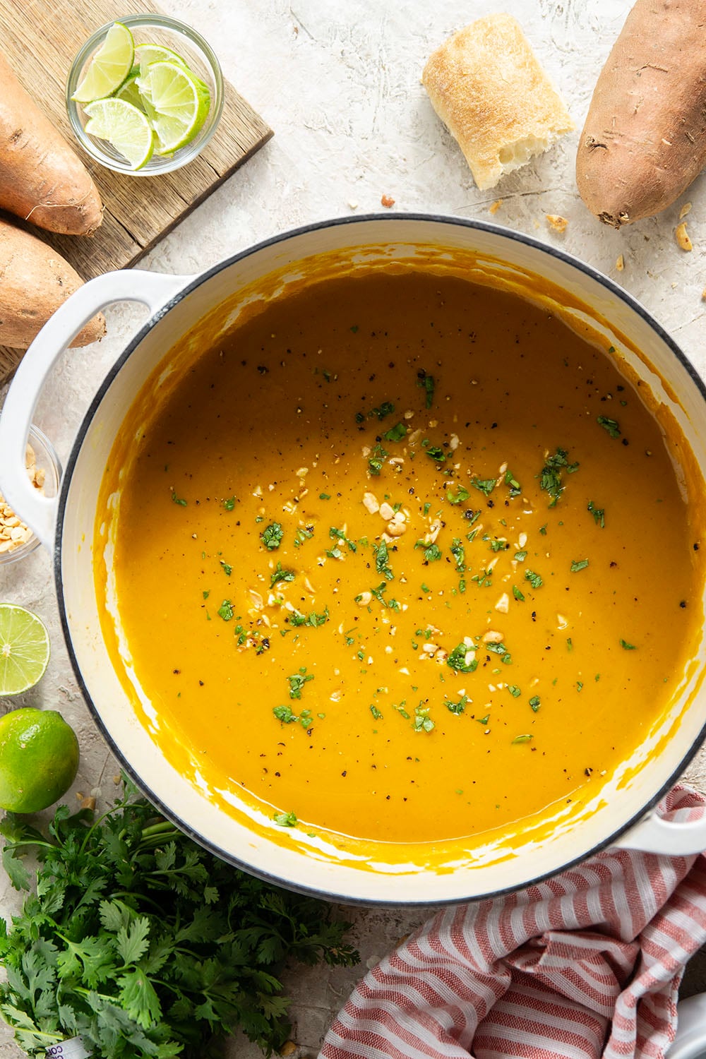 Hearty sweet potatoes and flavorful spices combine in this curried sweet potato soup that has a velvety-smooth texture and pairs very well with a grilled cheese or crusty bread for dipping.
