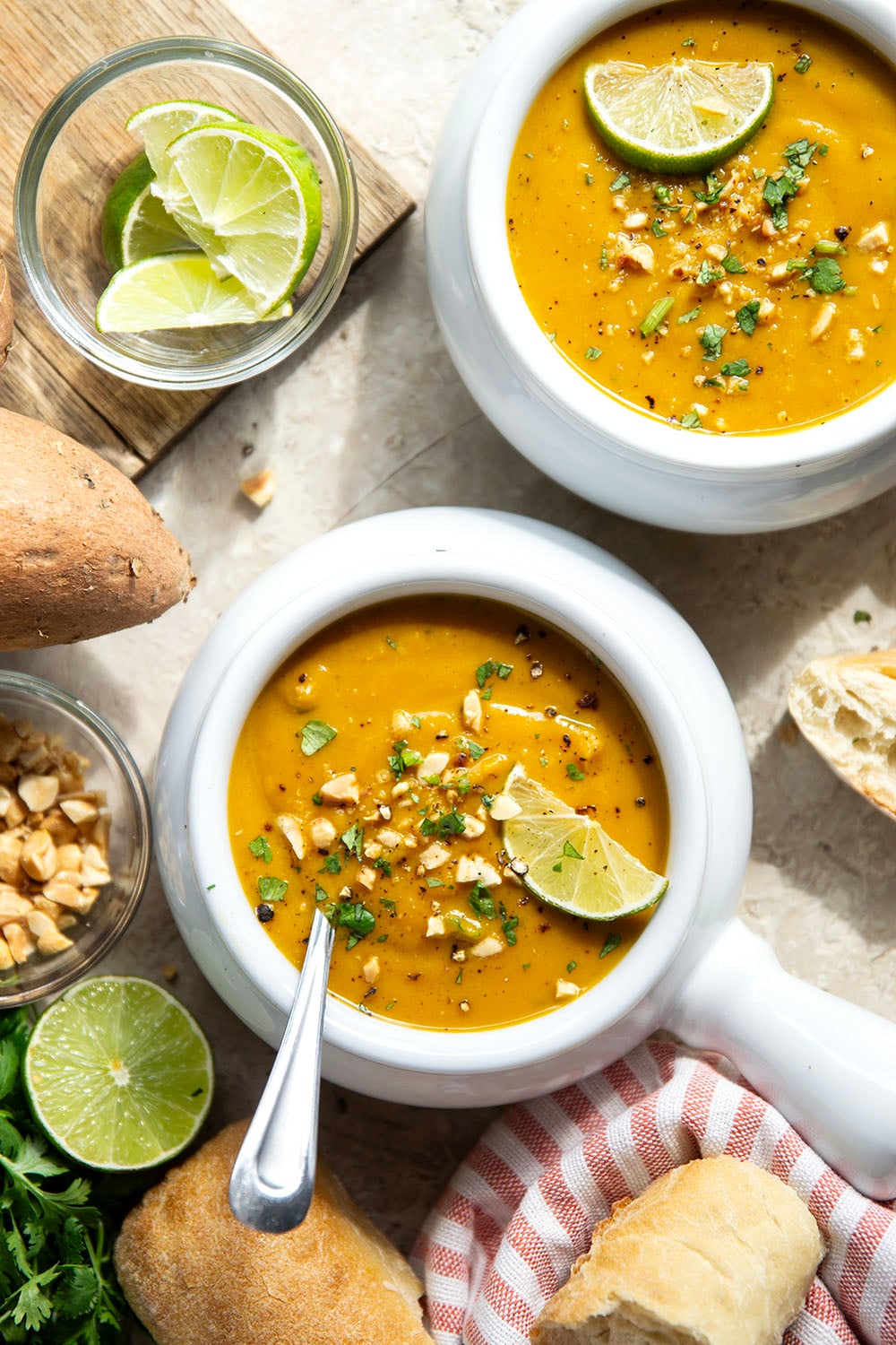 Hearty sweet potatoes and flavorful spices combine in this curried sweet potato soup that has a velvety-smooth texture and pairs very well with a grilled cheese or crusty bread for dipping.