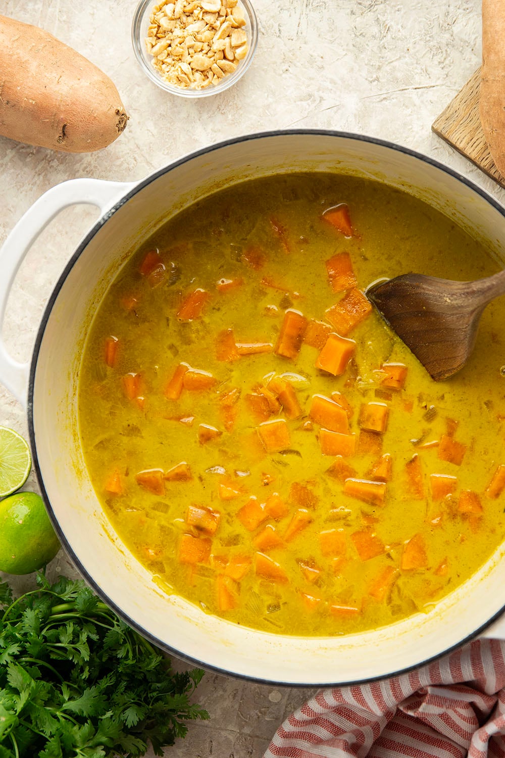 Hearty sweet potatoes and flavorful spices combine in this curried sweet potato soup that has a velvety-smooth texture and pairs very well with a grilled cheese or crusty bread for dipping.