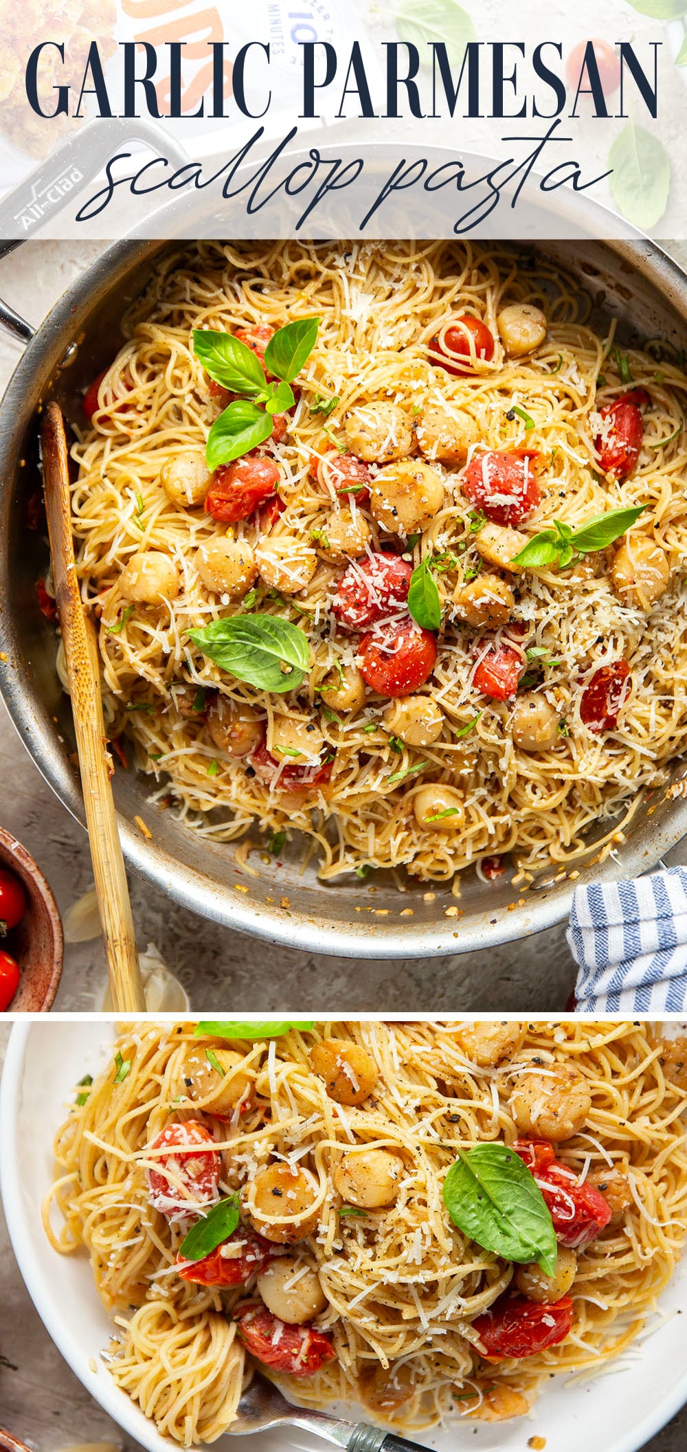Garlicky scallops, bursting tomatoes, and lots of fresh Parmesan cheese star in this garlic Parmesan scallop pasta that comes together in minutes for an elevated weeknight meal.