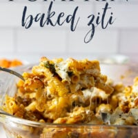 Baked in a creamy pumpkin white sauce with two kinds of cheese and tender sausage bits, this pumpkin baked ziti is a fun fall twist on the classic comfort dish.